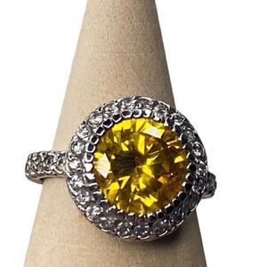 Sterling Silver 925 Canary Yellow Halo Eternity CZ Ring SZ 8.  J33